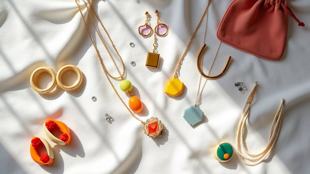 Collection de bijoux fantaisie colorés disposés artistiquement sur un plateau blanc