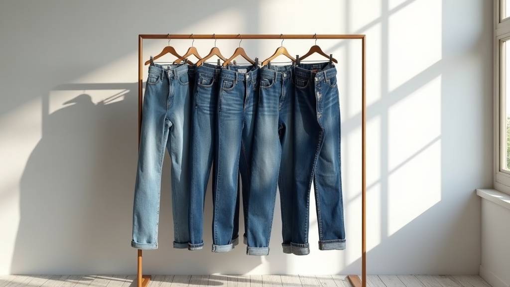 Présentation de jeans de différentes marques premium dans un entrepôt de déstockage, montrant la diversité des styles et des coupes
