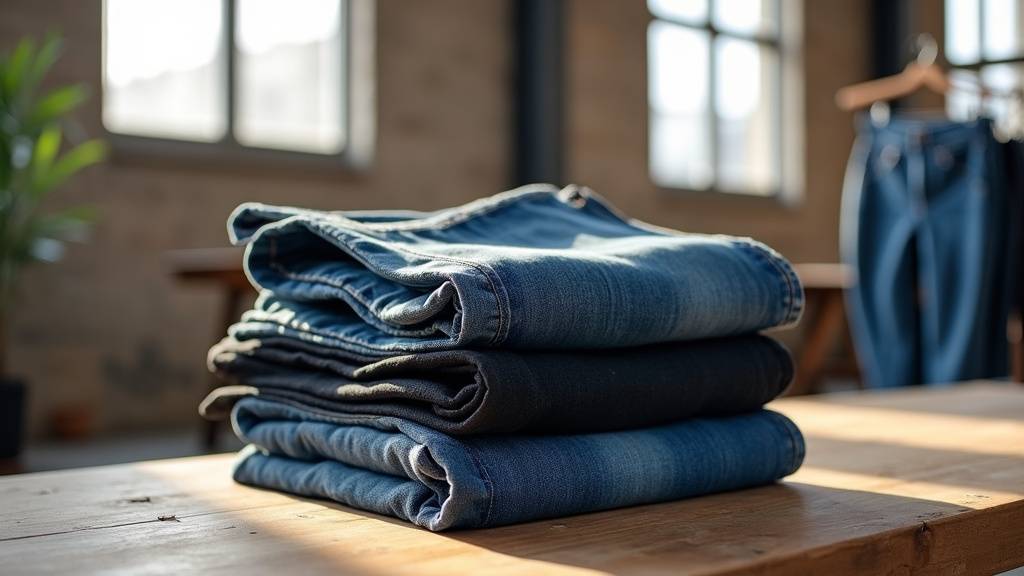 Présentation de jeans dans une boutique de déstockage physique, montrant l'organisation des rayons et la diversité des marques