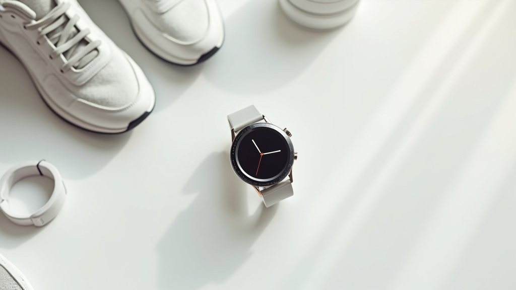 Samsung Galaxy Watch 7 avec bracelet sport noir sur fond blanc, affichage du cadran santé